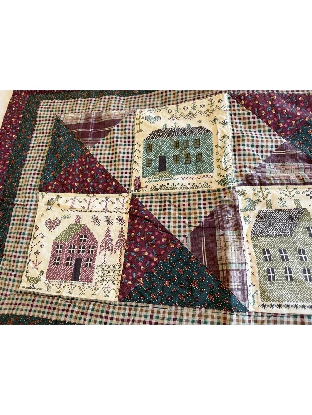 2 VTG Primitive King Quilted Shams Folk Art House Goose Cottagecore Burgundy GUC